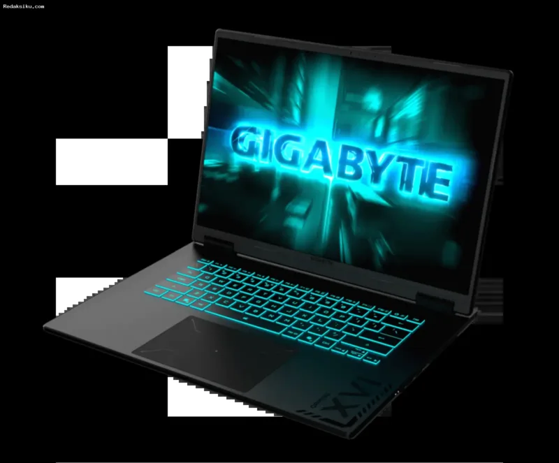 Laptop GIGABYTE Gaming A16 warna hitam dengan desain bodi ringkas dan modern.
