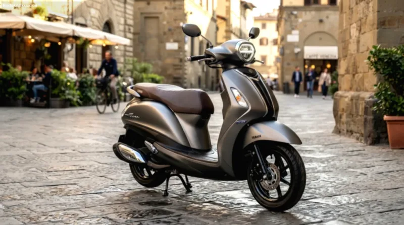 Tampilan samping skuter matik premium Yamaha Grand Filano Hybrid Lux 2026 berdesain klasik modern.