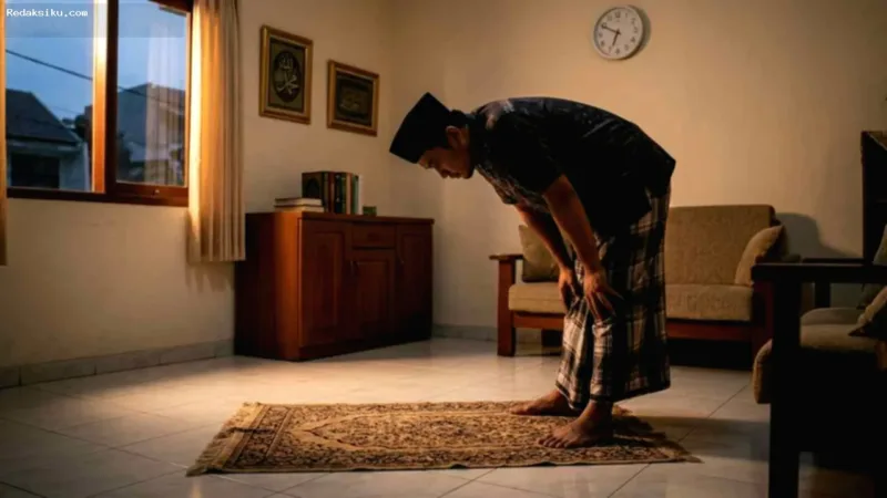Jadwal Sholat Palembang — Ilustrasi orang sedang menunaikan ibadah sholat di dalam masjid dengan suasana tenang