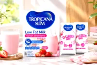 Kemasan Tropicana Slim Low Fat Milk Korean Strawberry dengan Kolagen untuk gaya hidup sehat.