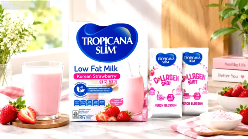 Kemasan Tropicana Slim Low Fat Milk Korean Strawberry dengan Kolagen untuk gaya hidup sehat.