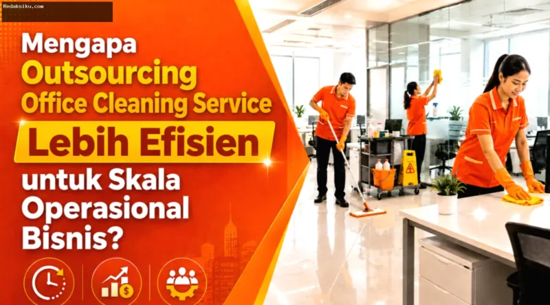 Pekerja outsourcing cleaning service membersihkan kaca gedung perkantoran.
