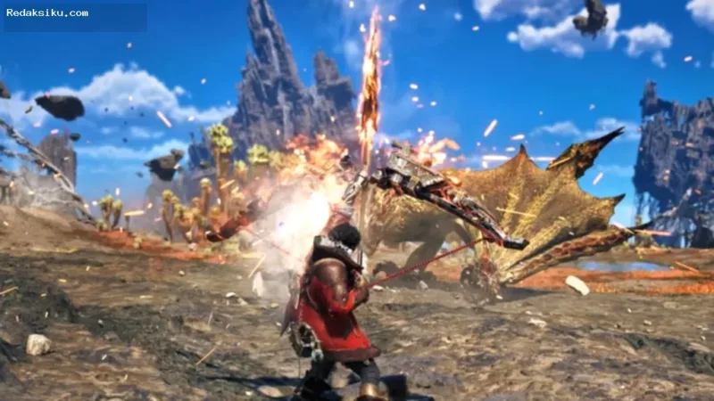 Tangkapan layar game Monster Hunter Wilds menunjukkan aksi perburuan monster menantang.