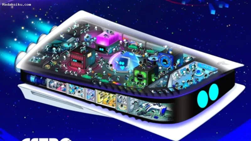 Ilustrasi konsol PlayStation dan chip kecerdasan buatan dalam teknologi perbaikan software otomatis