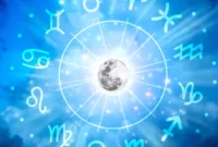 Ramalan Zodiak — Ilustrasi simbol 12 rasi bintang zodiak dengan latar belakang tata surya dan pergerakan benda langit.