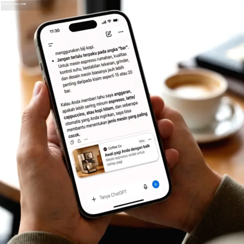 Iklan ChatGPT Gratis — Tampilan antarmuka ChatGPT di layar ponsel pintar yang menampilkan iklan komersial di Indonesia.