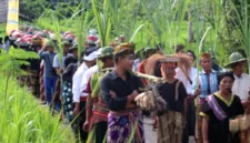 Puluhan warga Desa Kesik berkumpul menyiapkan ritual adat Nunas Nede untuk menjaga mata air.