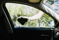 membersihkan jamur kaca — Seorang teknisi sedang membersihkan bercak jamur pada kaca mobil dengan cairan pembersih khusus